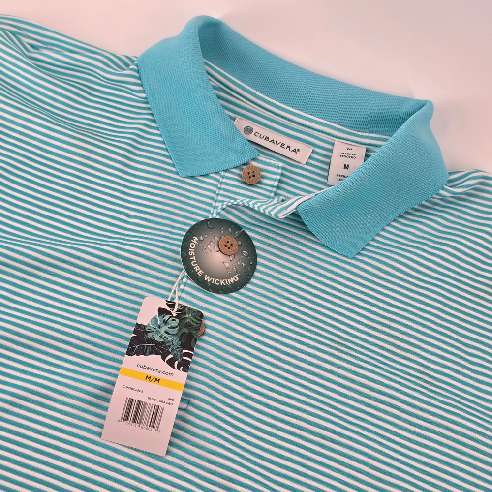 Cubavera Polo Shirt Mens Medium Blue Curacao Striped Moisture Wicking